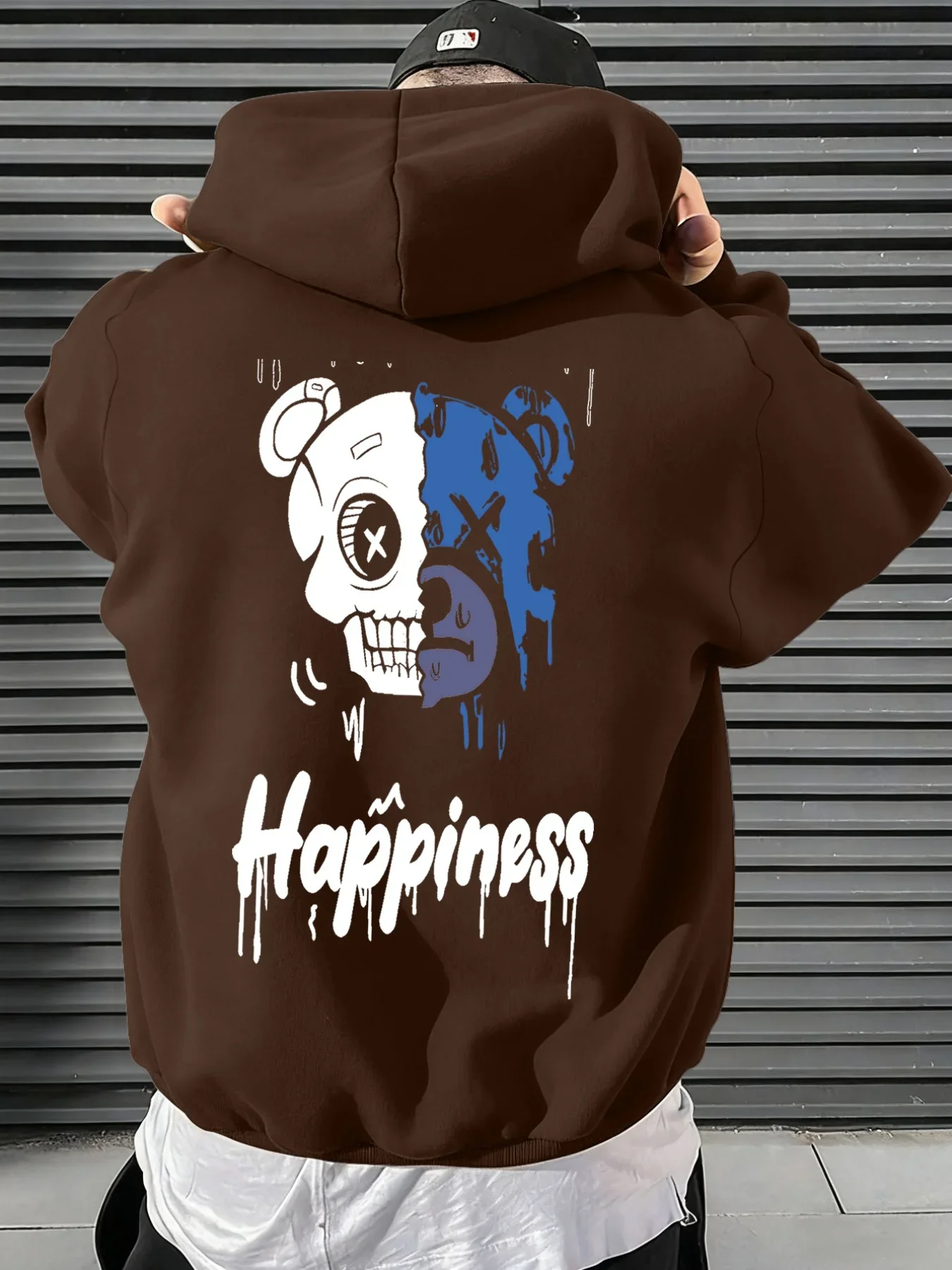 Dripping Paint Split Skull Bear Artwork Back Print Daily Wear Streetwear Pullover Hoodie Hip Hop Unisex Loose Hooded Sweatshirt