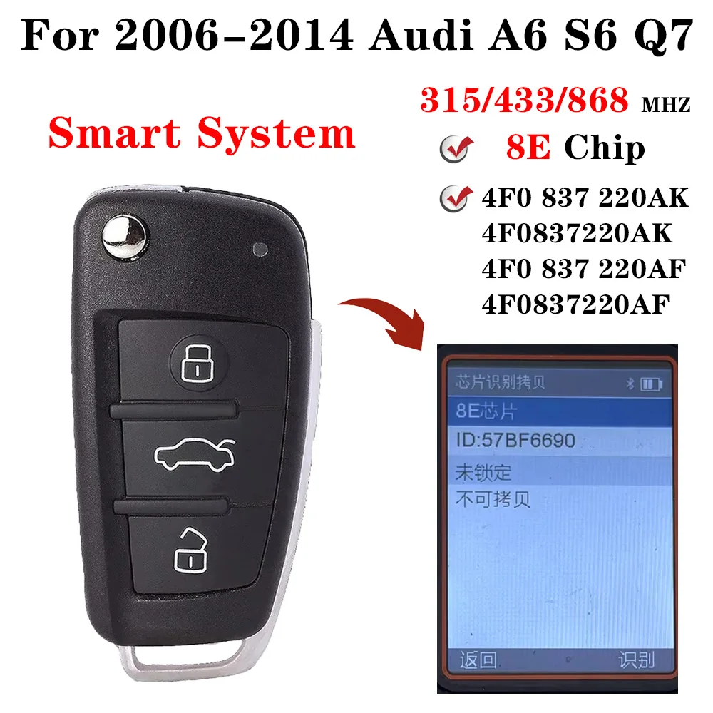 For 2006 - 2015 A6 Q7 S6 RS6 Keyless Go 4F0837220AK 4F0837220AF 4F0 837 220AF Smart Fob Flip Key 8E Chip 315 434 868 MHZ