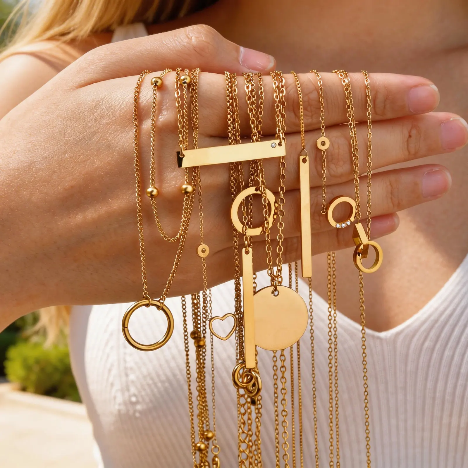 Vnox 2-teiliges goldfarbenes Gliederketten-Halsketten-Set für Damen, wasserdichte, antiallergische Halsketten aus Edelstahl, Modeschmuck-Geschenke – Detail 9