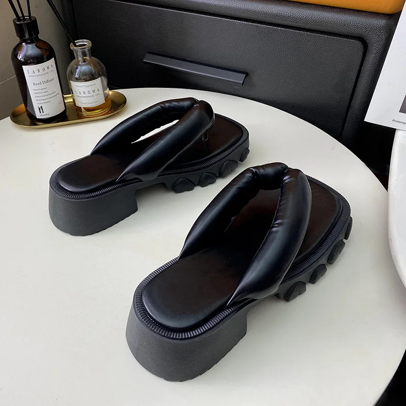 Square Toe Shoes Slippers Soft Slides Platform Fashion Low Rubber Flip Flops Summer Clogs Woman Pantofle Comfort Luxury Hawaiian