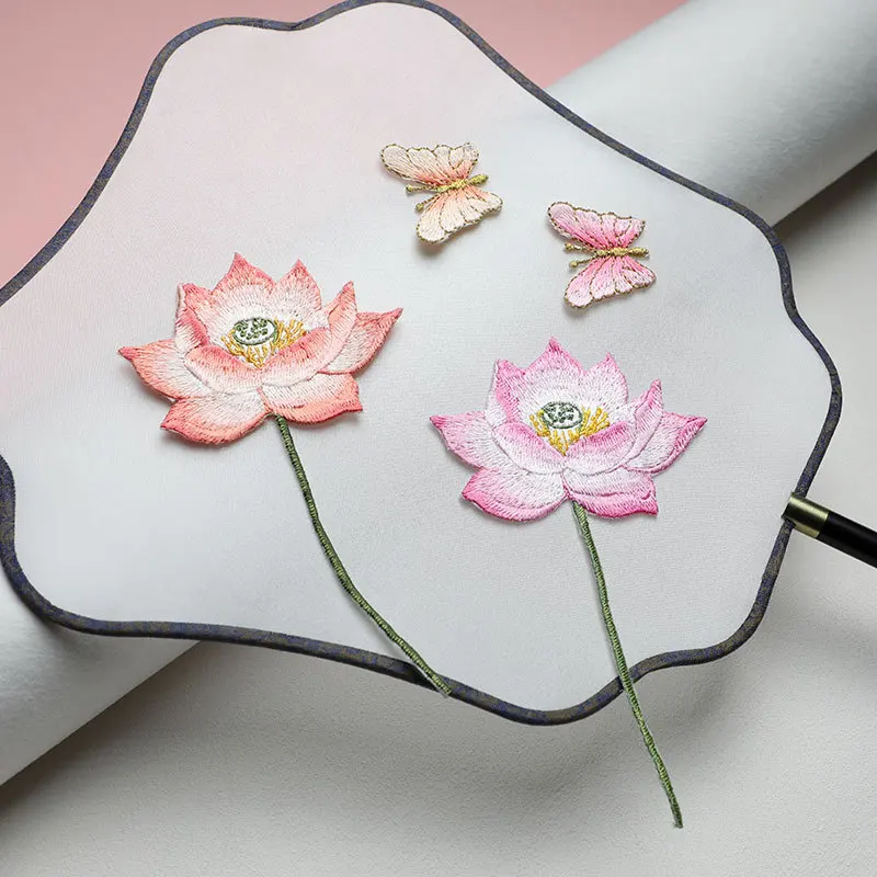 8 Colors Chinese Style Long Stem Lotus Iron On Embroidered Patch 8.2×14.5cm Oriental Floral Appliqué Hanfu Qipao Clothing DIY