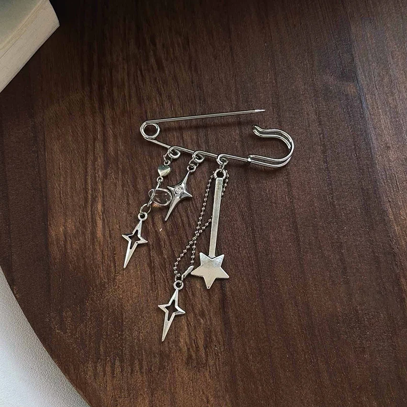 1 قطعة فريد Y2K الفضة ستار على شكل المشبك دبوس سلسلة شارة بروش دبوس قلادة الزي الموضة الحلو بروش كليب حقيبة قلادة سحر #6