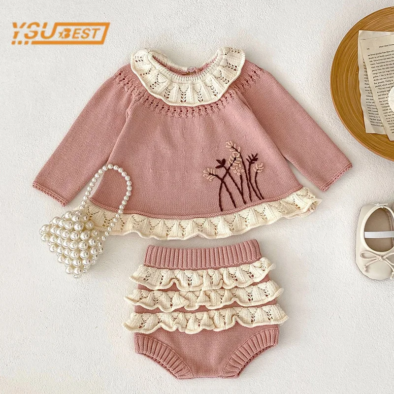 Baby Girls Long Sleeves Sweet Flower Embroidery Knit Clothing Set Infant Kids Girls Sweaters and Shorts Casual Two Piece Set