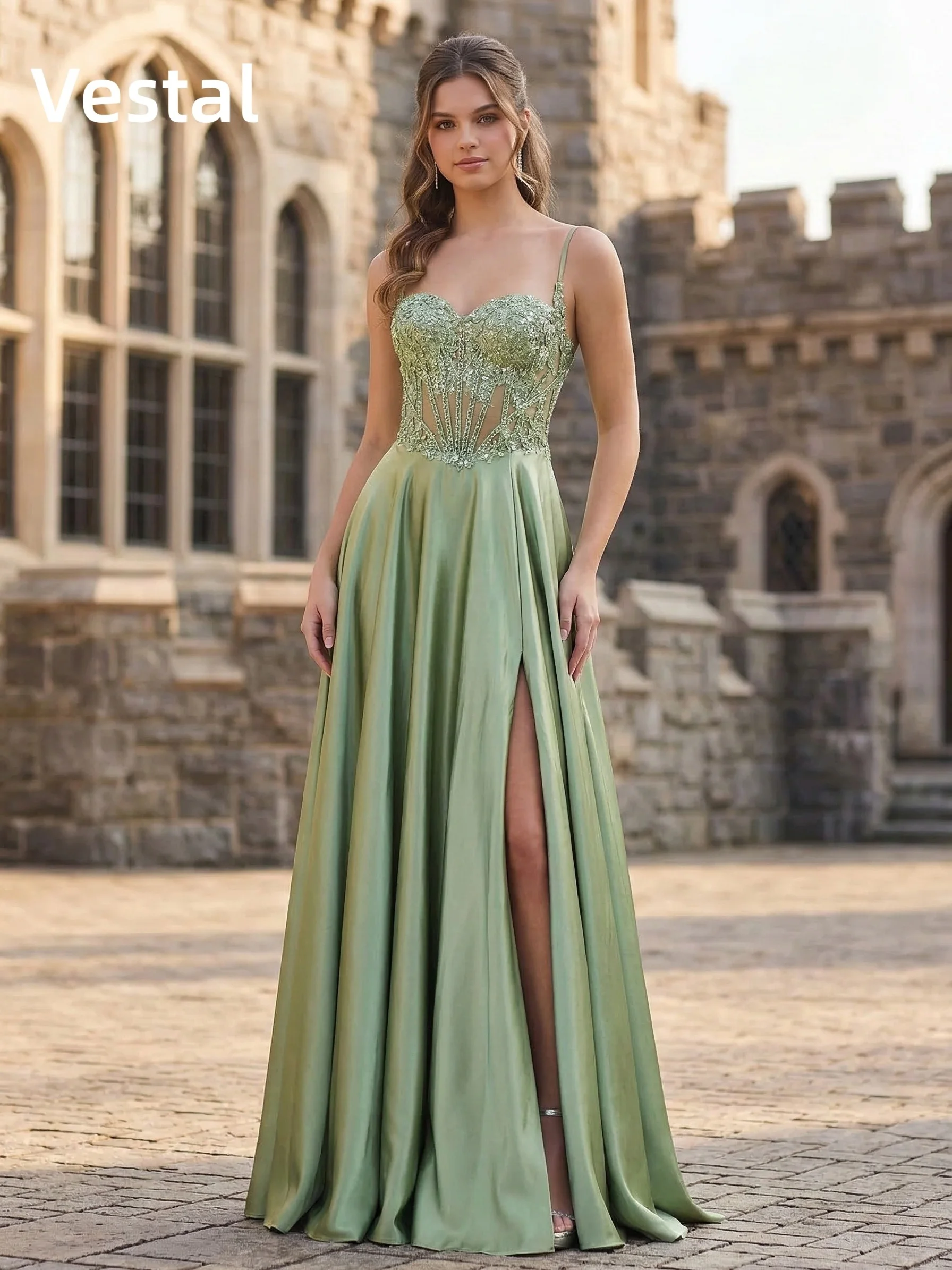 Vestal Sage Green Lace Corset Prom Dress for Women Satin High Slit A line Formal Evening Party Gown Wedding Guest Customized view 5