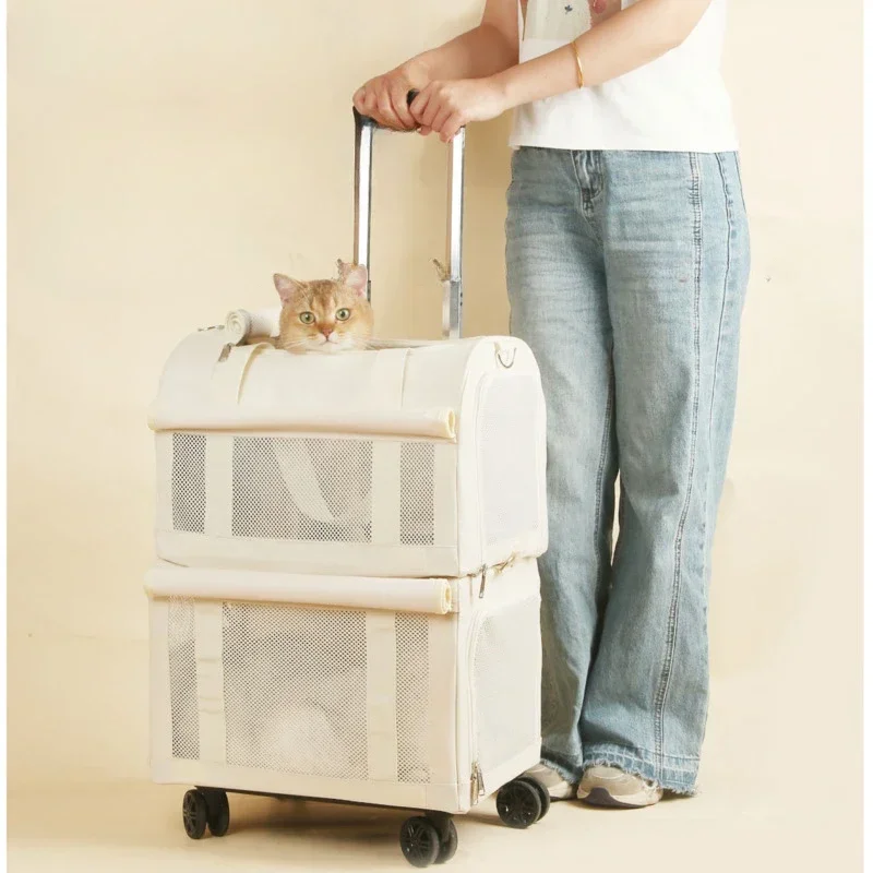 

High Aesthetic Pet Trolley Box 2-layers Design Cat Basket Breathable Comfortable Transport Case Convenient Travel Pet Trolley