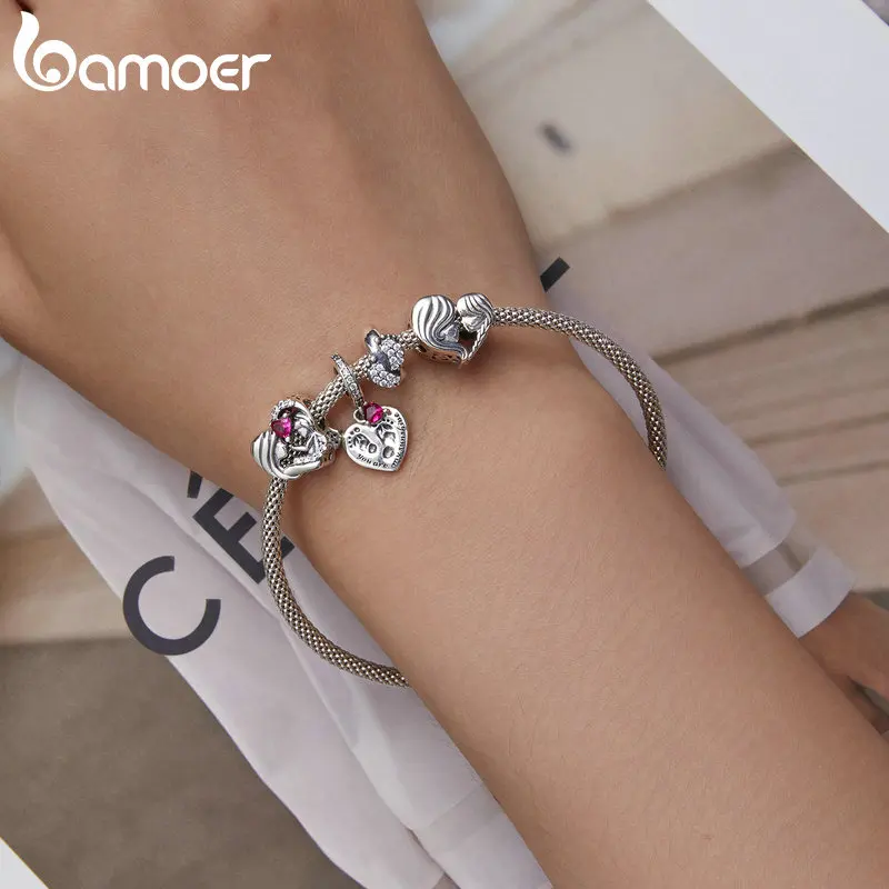 Bamoer Real 925 Sterling Silver Heart Beads Charm Mother & Daughter Pendant  for Mom Fit Bracelet Necklace Mother's Day Jewelry