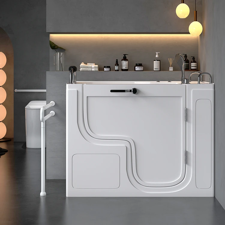 Walk into  bathroom and open door outside acrylic corner shower with a model of the best-selling product