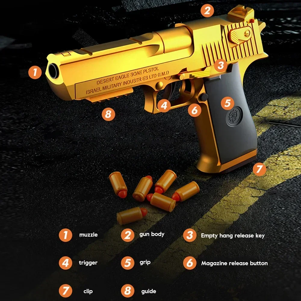 Pistola automática de ejeção de concha para meninos Pistola Desert Eagle, Burst Soft Bullets, arma de pistola para jogos ao ar livre, 2023