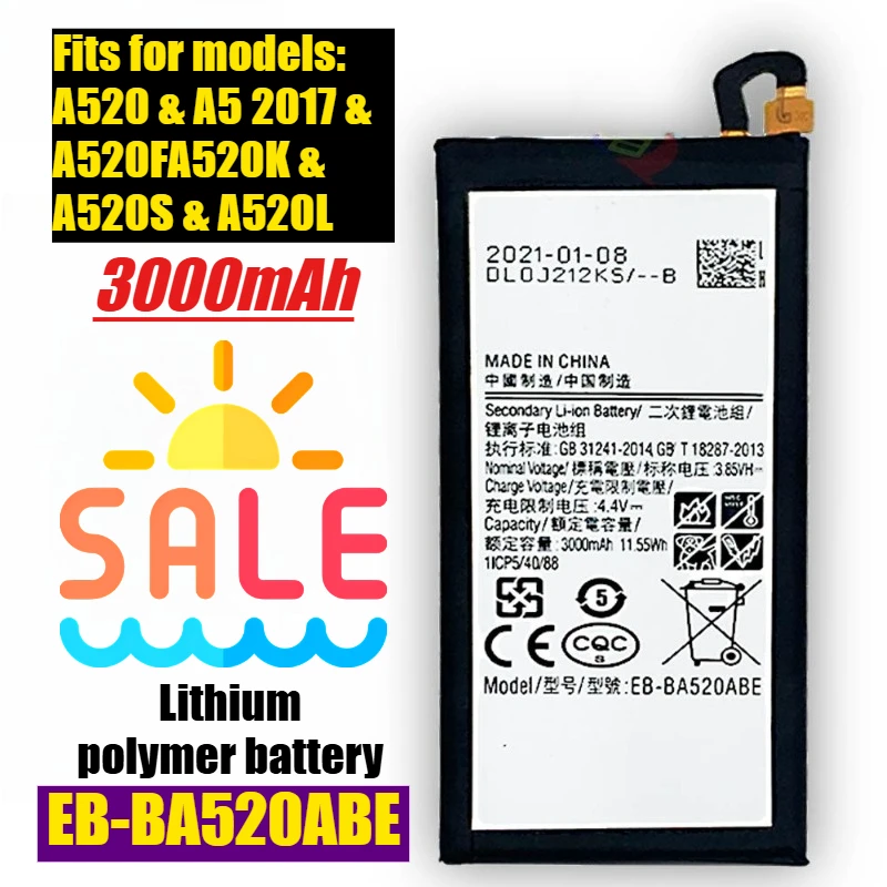 

3.85V 3000mAh Brand New Mobile Phone Battery EB-BA520ABE for Samsung A5(2017 Version) A520