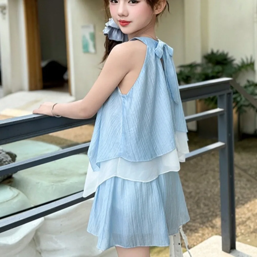 Vestido corto con volantes y flores rosas en 3D para niños, vestido de playa sin mangas de estilo coreano, camisola, pantalones cortos interiores