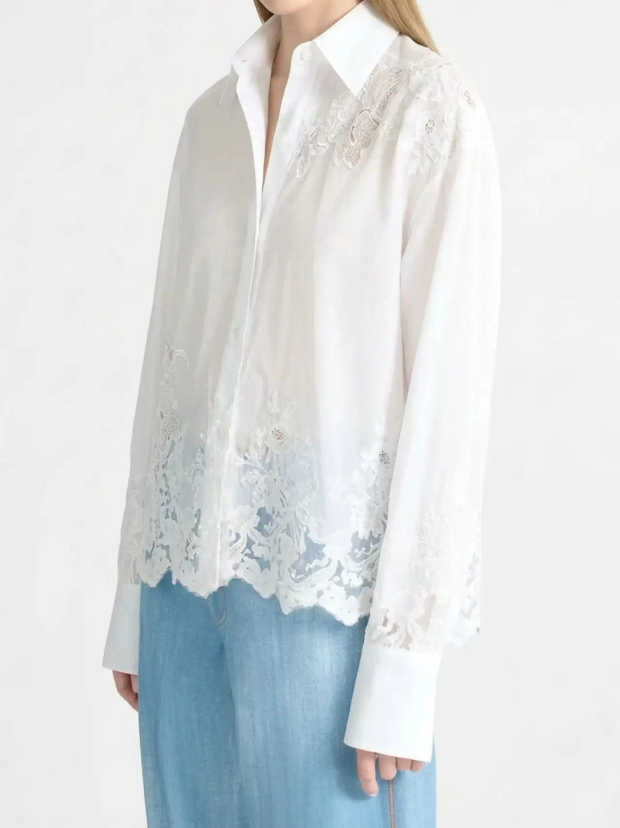 

Women Handmade Lace Applique White Shirt Hollow Out Turn-down Collar Single Breasted Long Sleeve Casual Fashion Cotton Blouse