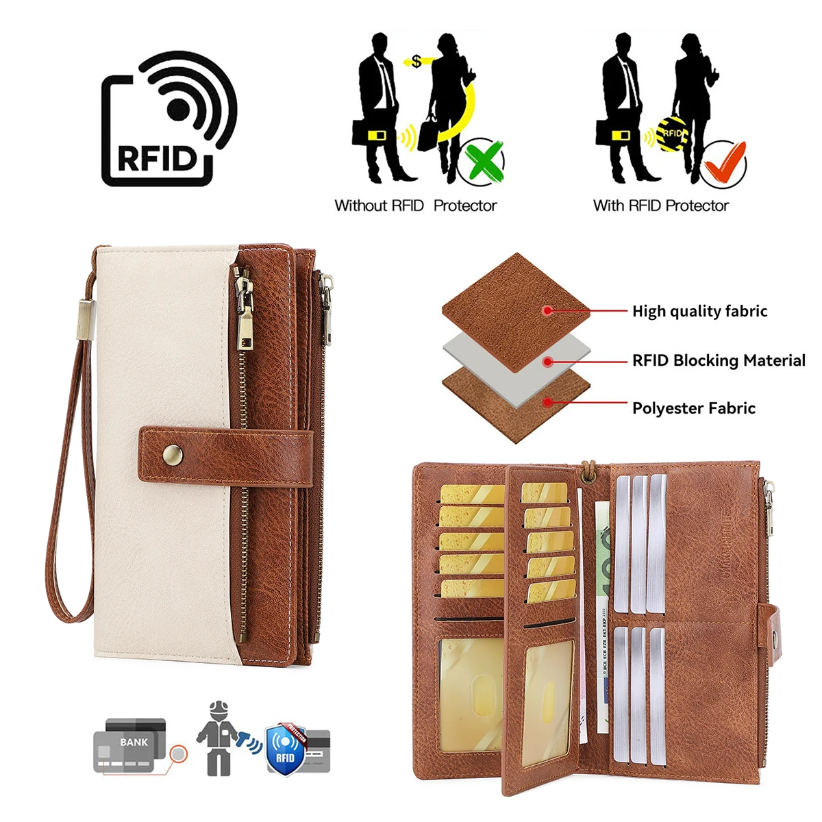 Vintage Style RFID Blocking Wallet Three-Fold Long Clutch Purse Multi-Card Slots for Daily Commute Business Casual
