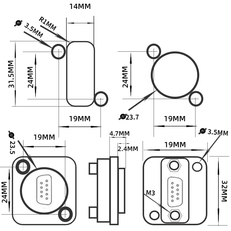 Computador fêmea soldadura comum com parafuso fixo painel, módulo conector do adaptador, cores preto e prata, D-Type, DB9