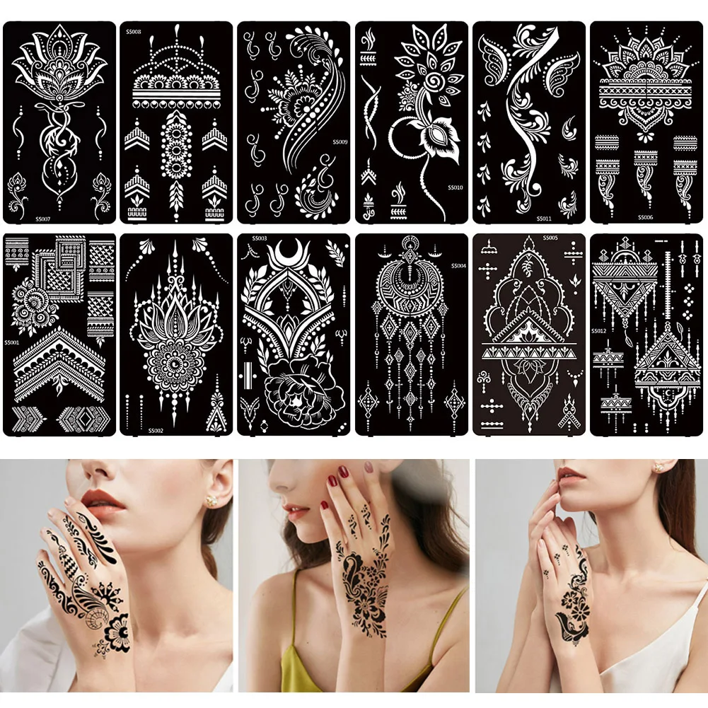 Temporária Henna Stencil para Body Art, Glitter Stencils, Etiqueta Modelo, Ferramenta Do Casamento, Tatuagem Suprimentos, 12Pcs, Conjunto