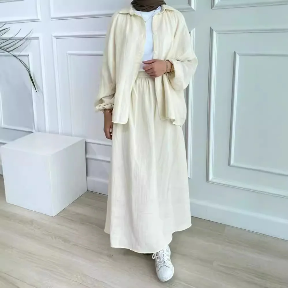 

Muslim 2 Piece Set Women Outfits Blouse Skirt Suit Top Puff Sleeve Single Breasted Dubai Islam Casual Skirts Ensemble 2025