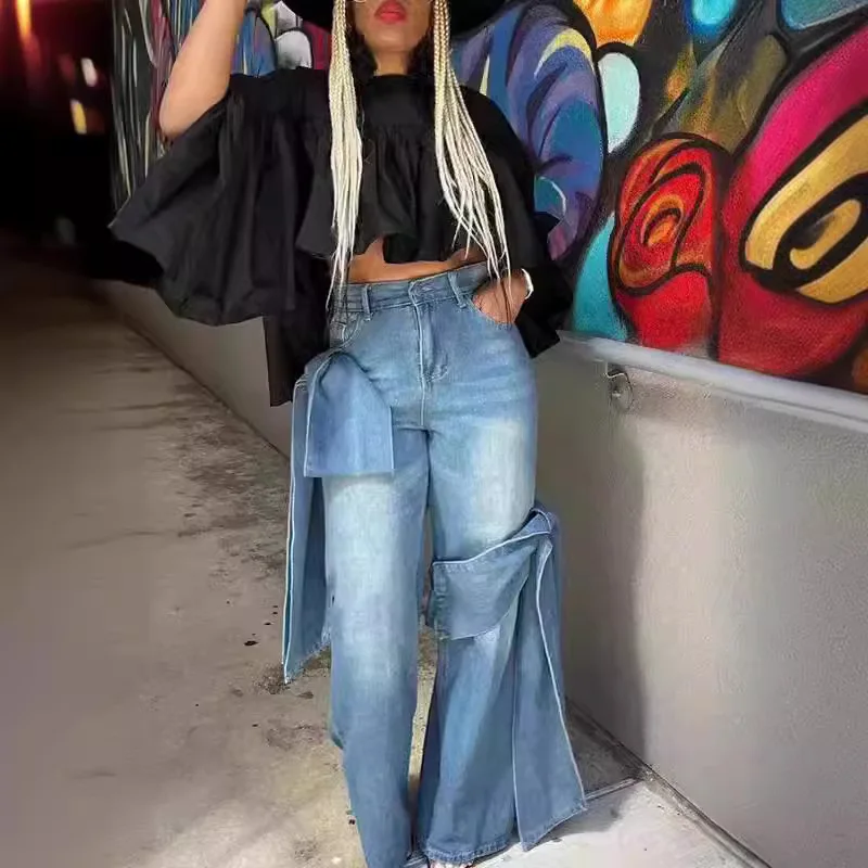 New Retro Washed Personality Patchwork Bow Wide-leg Pants, High-waisted, Loose Straight Long Jeans for Women Spring and Autumn