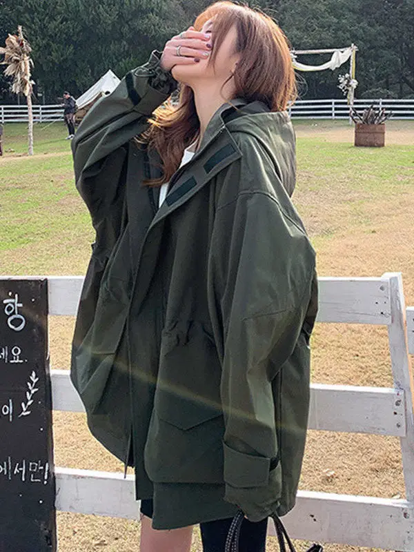

Faionable ort Workwear Sle Coat Women's Spring Autumn New Korean Version Casual Loose Zipper ket Hooded Windproof