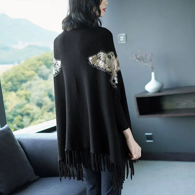 Autumn Pullover Poncho 2023 New Little Fragrant Women Relaxed Outwear Pullover Long Sleeve Sweater Knitted Bat Sweater Top Women