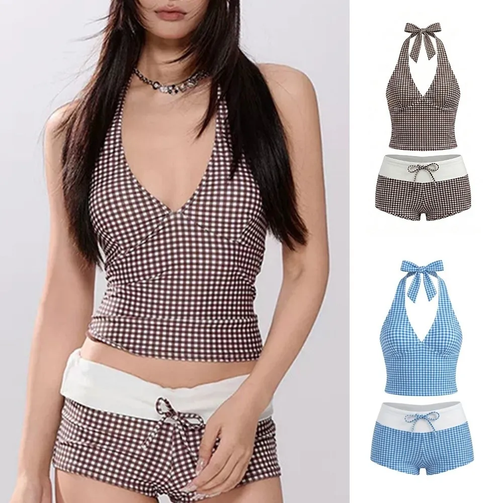 

Стильный купальник-бикини из двух частей с лямкой через шею, в стиле Y2K, облегающий, в клетку, с V-образным вырезом, для пляжа и бассейна