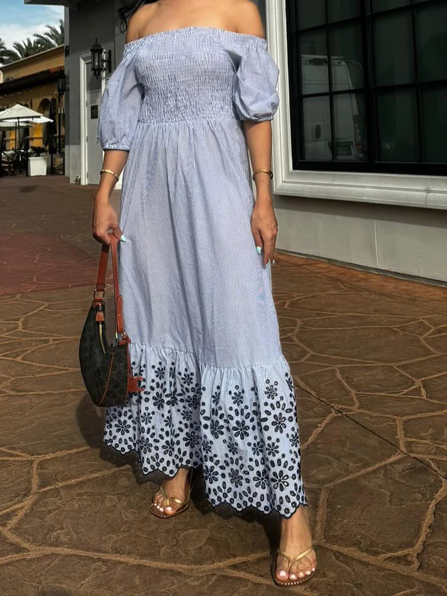 

Embroidery Hem Blue Striped Long Dress Women Off Shoulder Sleeveless A-line Vestidos Summer Fashion Casual Elegant Maxi Dresses