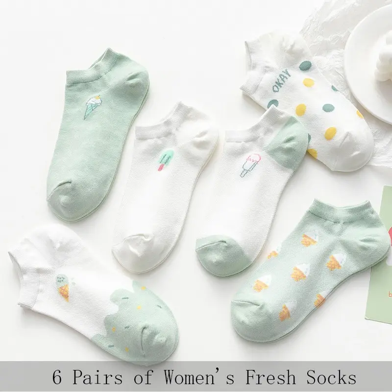 6 Pairs of Women Is Summer Thin Short Socks Sweet Cute Breathable Mesh Comfortable and Small Floral Fragments Maternidad