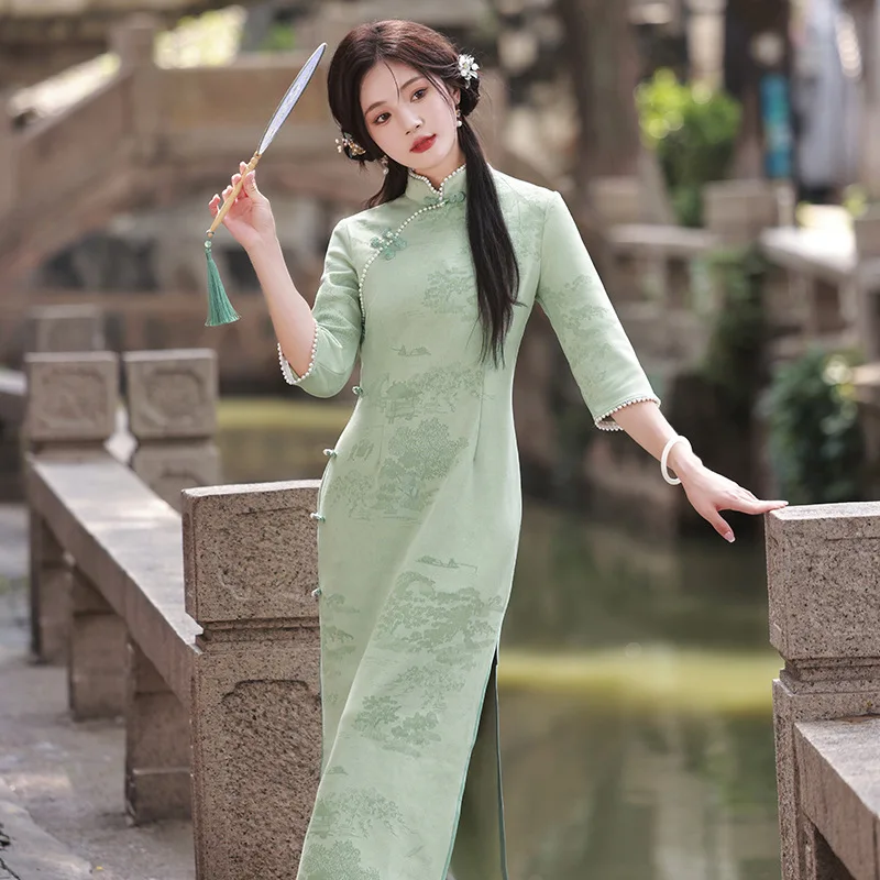 2024 Autumn/Spring New Improved Cheongsam Dress 3/4 Sleeves Long Traditional Qipao Evening Dresses Chinese Vintage Qipao Costume