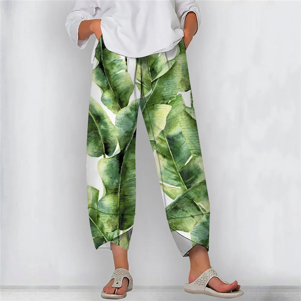 CLOOCL Nordic Style Women Trousers Wide Leg Pants Plantain Leaf Print Loose Casual Pockets Pants Female Oversized Clothes