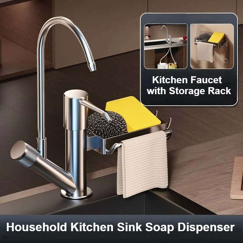 

Multifunctional Soap Dispenser Household Kitchen Sink Faucet with Storage Rack Hand Pressure Liquid Dispenser Extension Tube Kit
