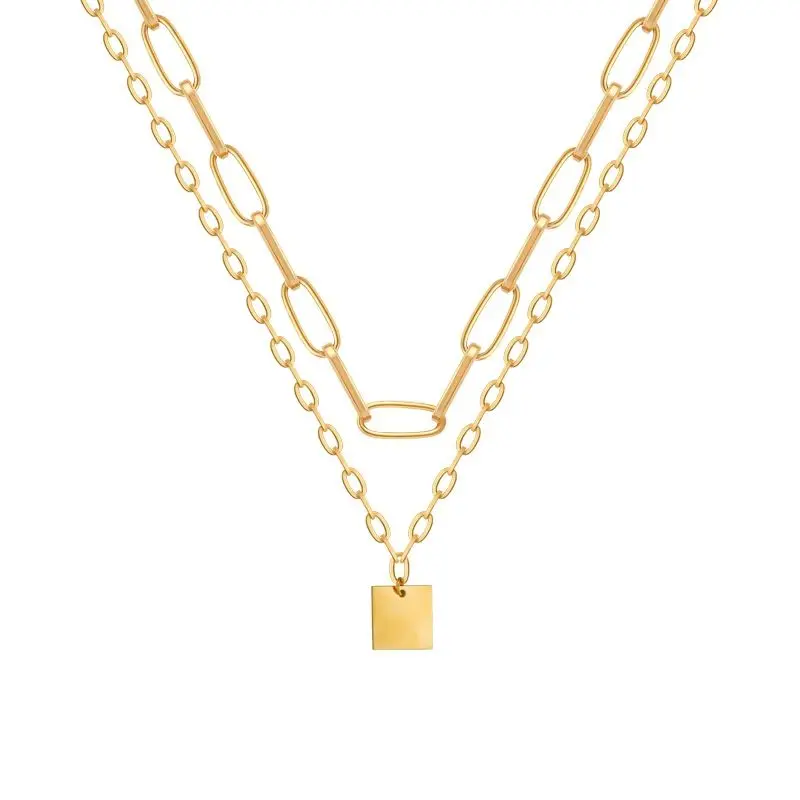 European and American New Popular Exaggerated Thick Chain Square Brand Fashion Gold Double Layer Necklace