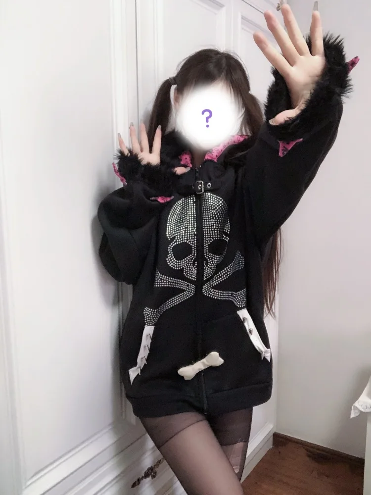 Subculture Skull Hot Diamond Sweet Cool Original Dark Punk Loose Fleece Sweatshirts Women's Thick Jacket Cat Ear Tail Coat