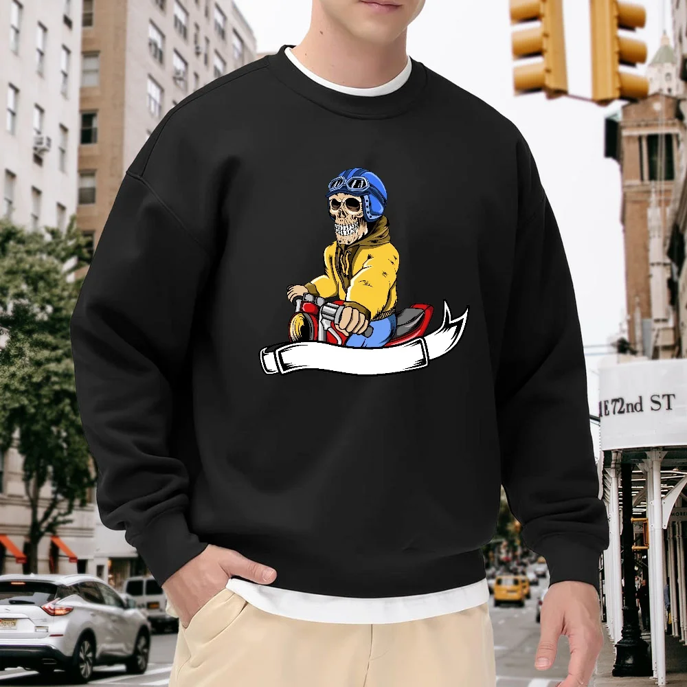 

Men's Black Crew Neck Pullover Sweatshirt with Cartoon Skull Riding a Motorcycle Print, Loose Casual Top, Everyday Street Fashion Versatile Item, Comfortable, Soft, and Stylish