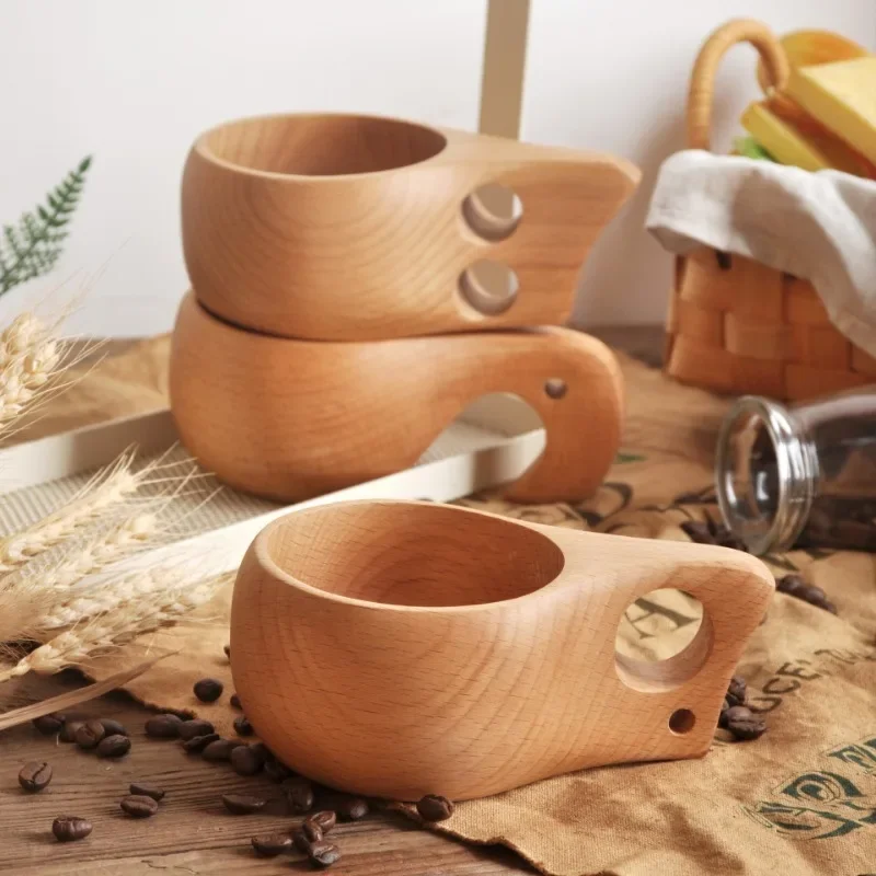 Portable Coffee Mug with Acacia-Wood Handle, Cowhide Rope Hook, Juice Milk Cup, Drinking Cup, Drinkware, Kuksa