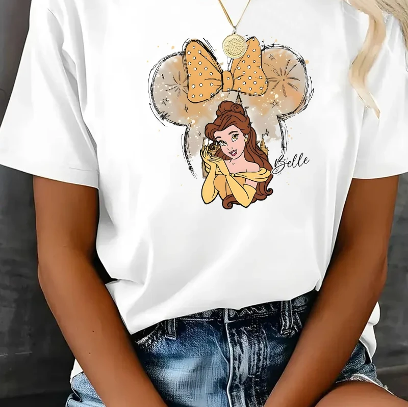 

Disney Princess Belle Pattern Women's T-shirt Summer Casual Top Yellow Dress Bow Design Machine Washable