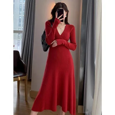 Women Knitted Maternity Dresses Plus Size Elasticity Daily Clothes Winter Long Sleeve Photography Pregnancy Dress Inside Cloth