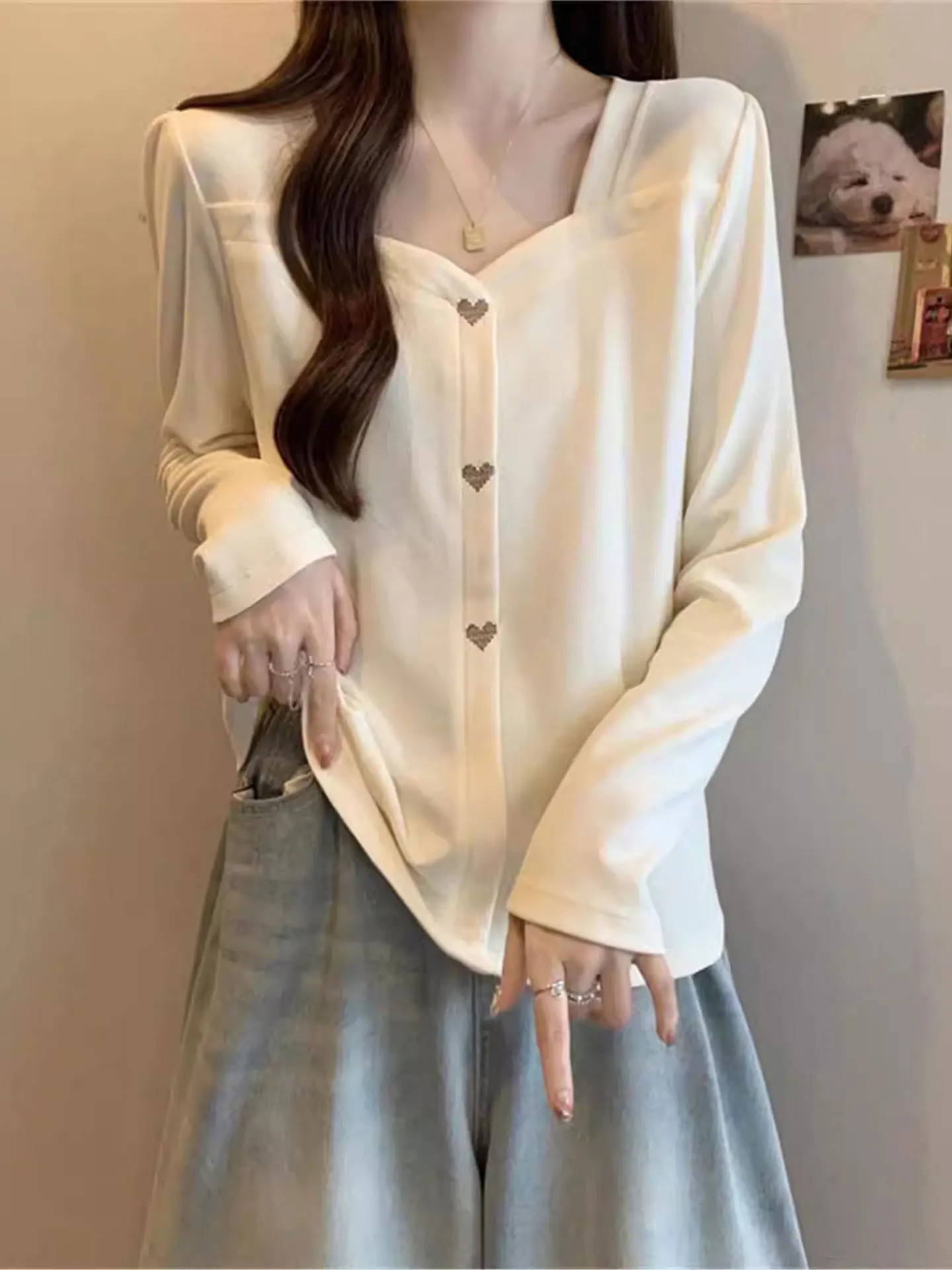 

Korean Sle V-Ne Long Sve T-irt Women's Loose Fit Base Layer Top plus Size Conceals Belly Enhances Slimming Trendy