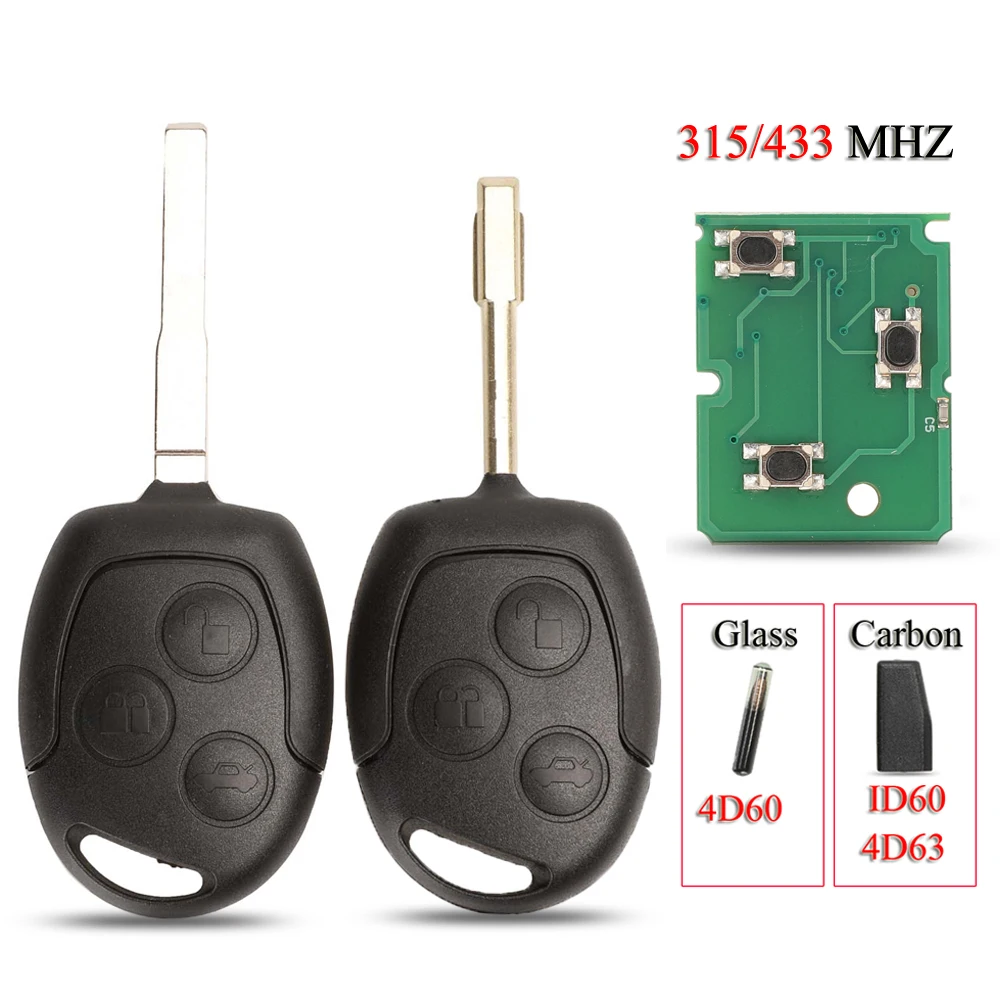 

jingyuqin 10PCS/Lot Remote Car Key For Ford Mondeo Focus Fiesta Fusion Galaxy C-Max S-Max 315/433MHZ ID60/4D63 Chip FO21/HU101