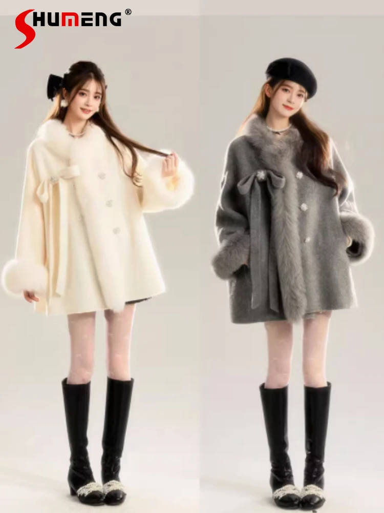 

Women's 2024 Autumn Winter New High-end Trendy Blends Solid Color Long-sleeve Short Woolen Jackets Double-sided Woolen Cape Coat