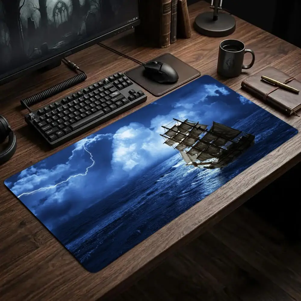 Night Sea Sailing Boat Desk Mat Table Mat Pc Accessories Square Mousepad Office Desk Decorating XXL Mouse Pad Keyboard Pad