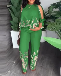 2 Piece Sets Women Outfit 2023 Summer Elegant 3/4 Sleeve O-neck Polyester Top Casual Straight Pants African Clothes for Women