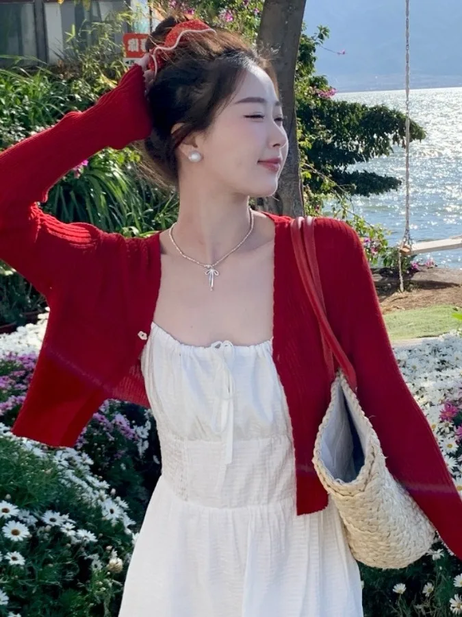 Ankela Red Knitted Open Cardigan Thin Women's Strap Dress Outer Cover Summer Shawl Small Cannon Shoulder Top Coat