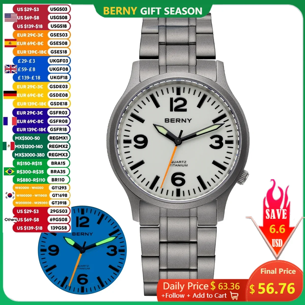 BERNY-relojes de titanio para hombre, reloj de cuarzo, esfera superluminosa, zafiro, campo deportivo al aire libre, ligero, 5atm, fácil lectura