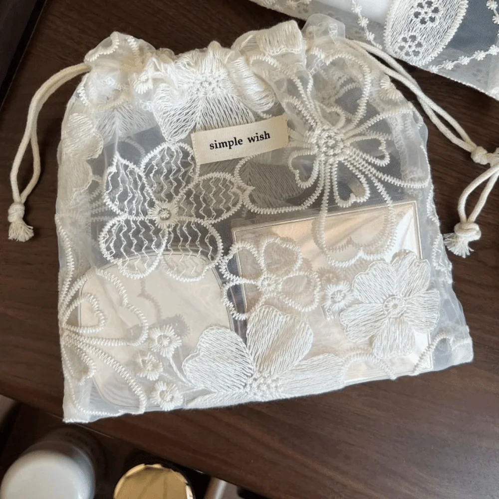 Portable Embroidery Flower Drawstring Pouch Hollow Out Mesh Cute String Bags Hand-Held Lightweight Lace Drawstring Storage Bag