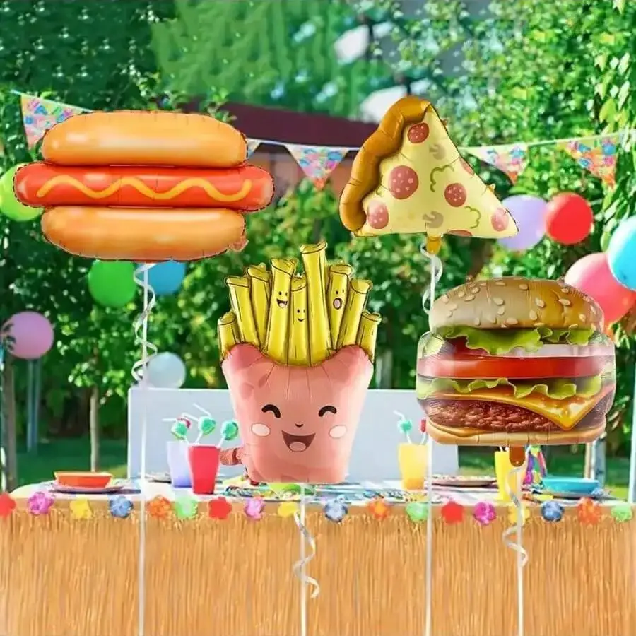 4 Stück Aluminiumfolienballons in Form von Burger/Pizza/Hot Dog/Pommes Frites Dekor für Geburtstagsrestaurant-Eröffnungsfeier – Detail 3