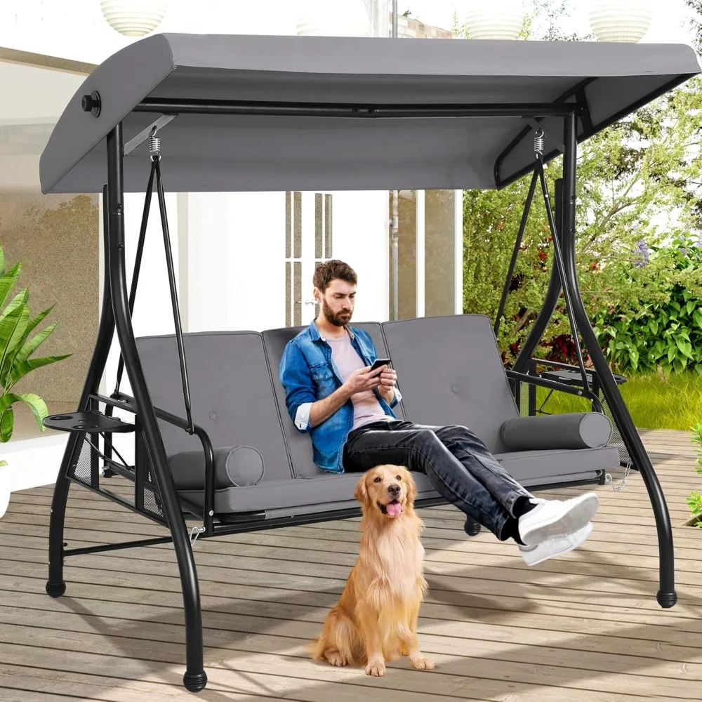 3-Seat Outdoor Porch Swing with Adjustable Canopy, 3 Person Convertible Porch Swing Bed with Stand, Heavy Duty Patio Swing