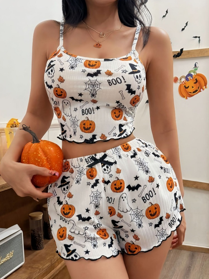  Women Halloween Pumpkin Print Cute Pajamas Set Ribbed Crop Top and Shorts Two Piece Sleepwear Lettuce Hem Y2K Loungewear 
