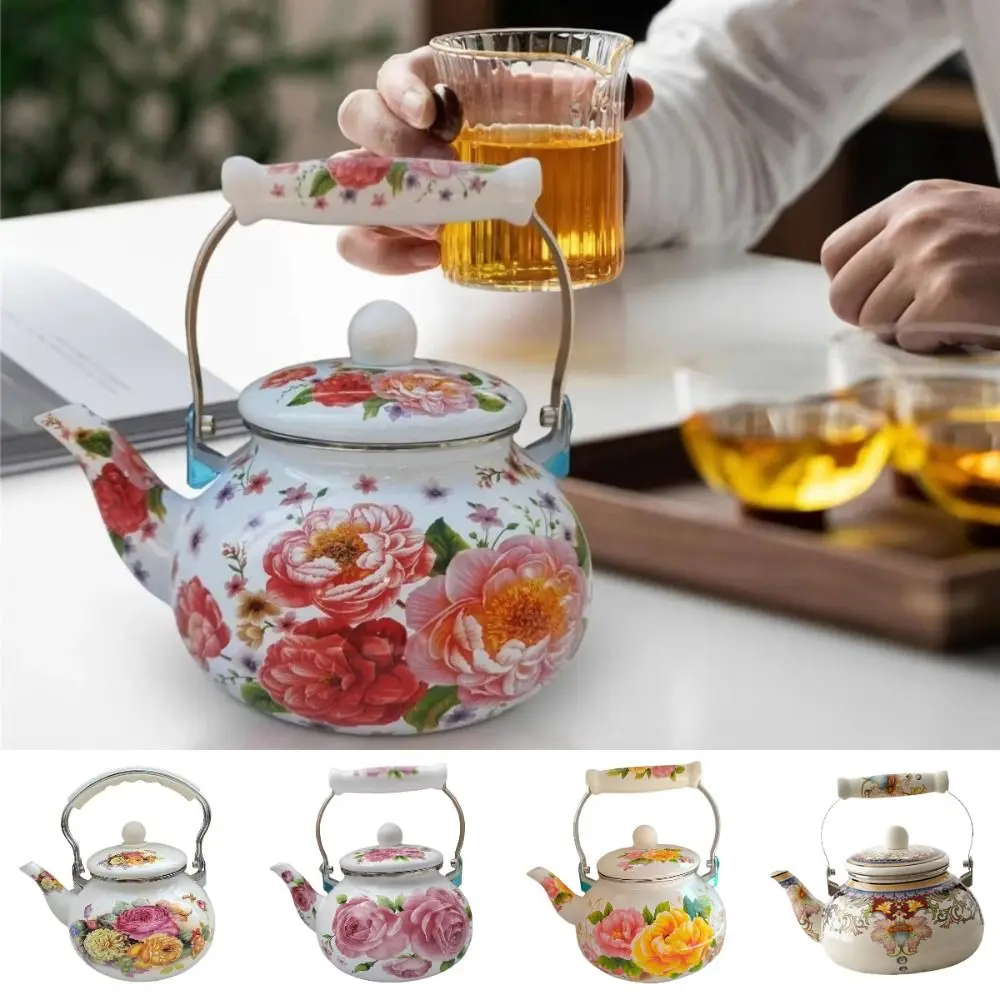 

Chinese Style Enamel Teapot 2.5L Antiscald Handle Tea Jug Pear-shaped Floral Enameled Gas Water Kettle Gas Induction Cooker