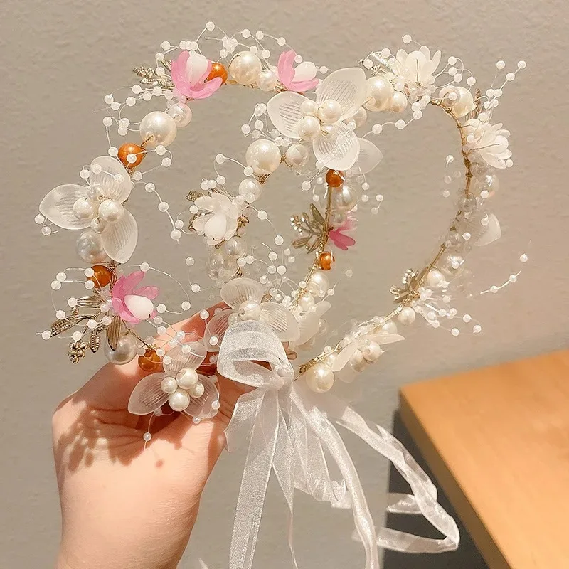 1pcs Children's Headband Sweet European Fairy Style Golden Leaf Headband Flower Wreath Pearl Headband New Crown