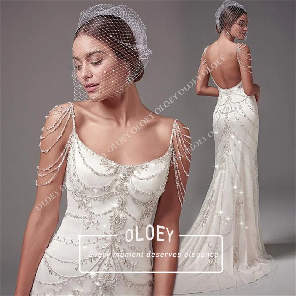 OLOEY Luxury Beaded Crystals Mermaid Wedding Dress Spaghetti Strap Cold Shoulder Chain Bridal Gown Robe De Mariage Customized