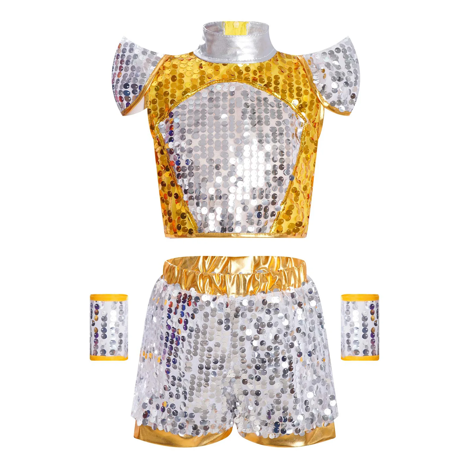 Kids Boys Shiny Sequins Jazz Dance Outfit Cheerleading Performance Costume Cap Sleeve Crop Top with Shorts And 1 Pair Cuffs