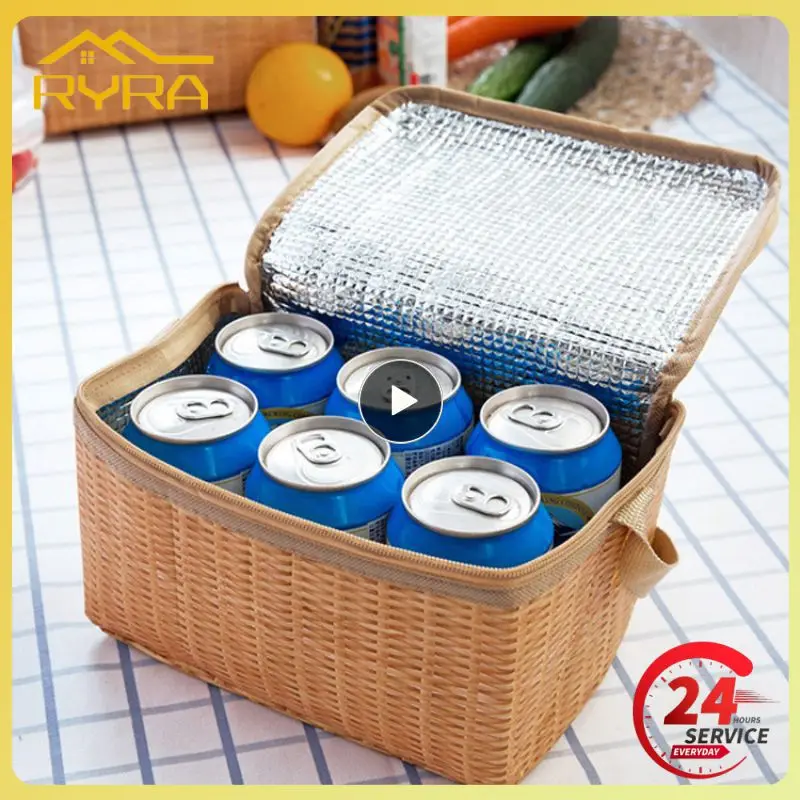 Portable Wicker Rattan Outdoor Picnic Bag Waterproof Tableware Insulated Thermal Cooler Food Container Basket for Camping Picnic